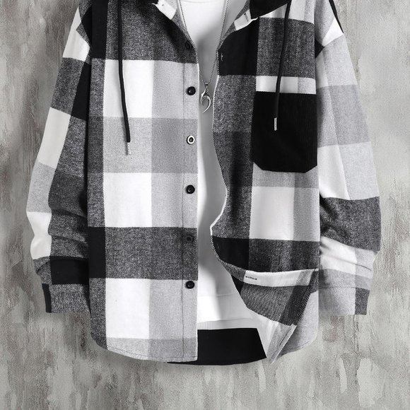 Black And White Casual Mens Plaid Print Drawstring Hooded Overcoat - Picture 2 of 7